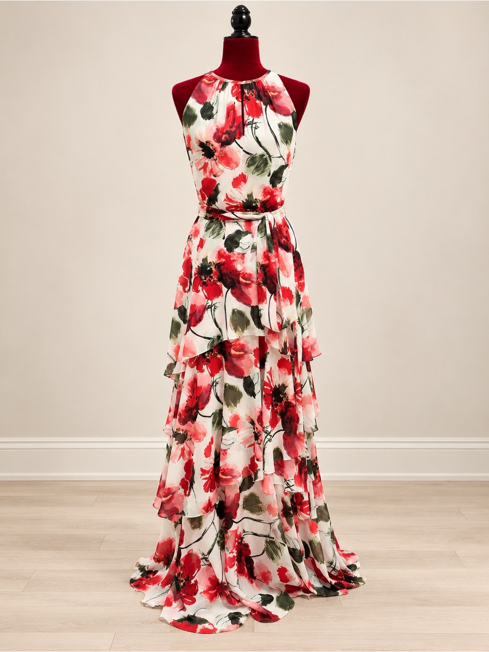 Tahari White Maxi Dress with Red Floral Print and Green Leaves 6 S M